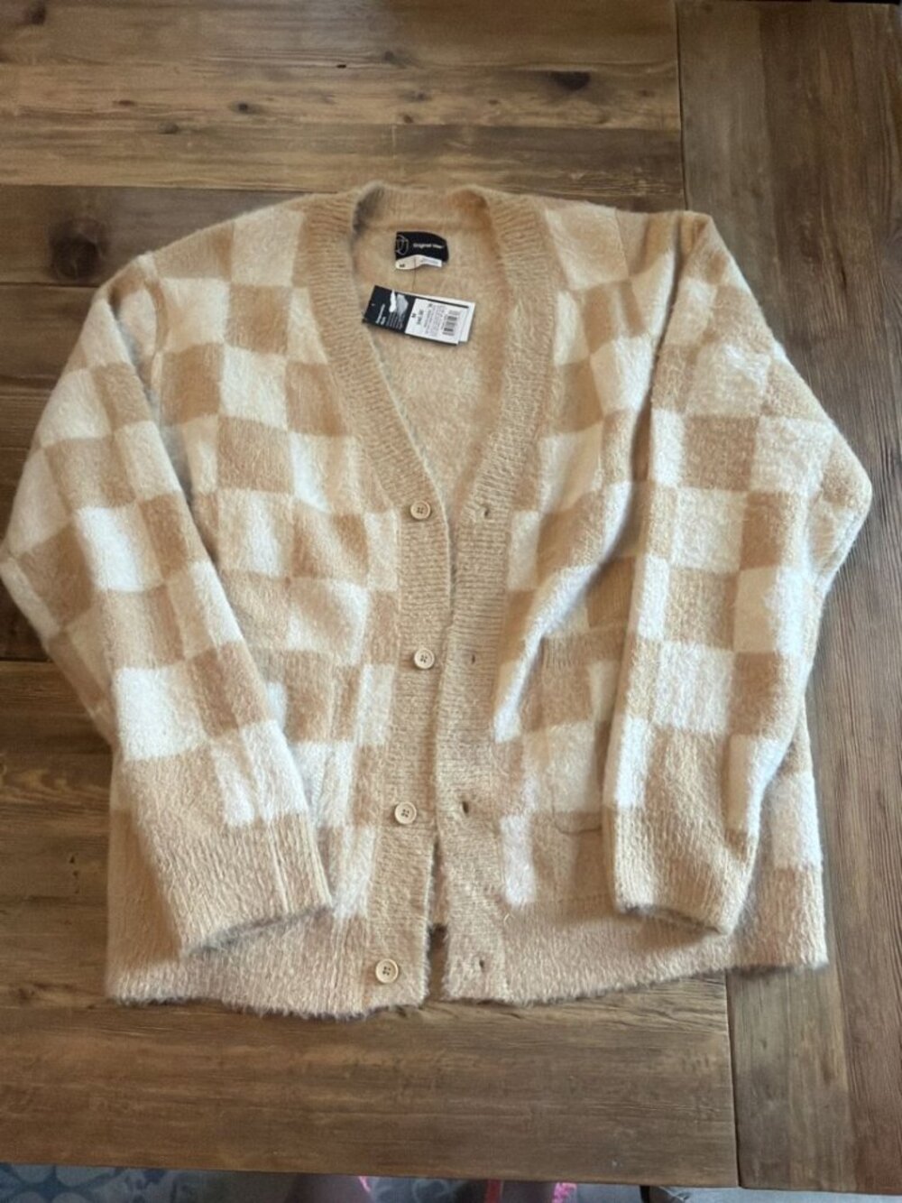 Original Use Checkerboard Cardigan Sweater Cream Tan Size M NWT